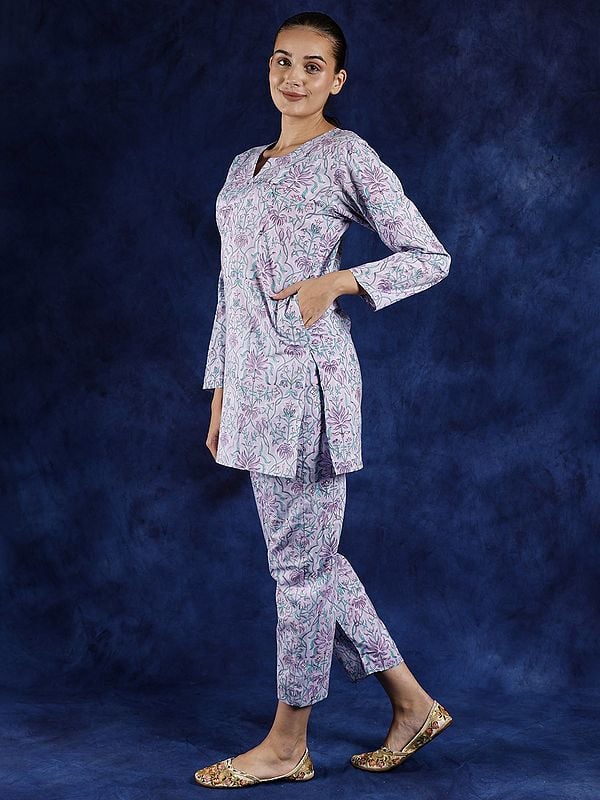 Exotic India Orchid-Petel Pure Cotton Co-Ord Set With Block Printed Birds And Leaves 