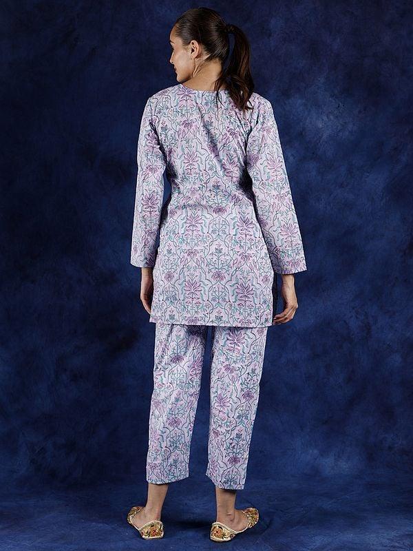 Exotic India Orchid-Petel Pure Cotton Co-Ord Set With Block Printed Birds And Leaves 