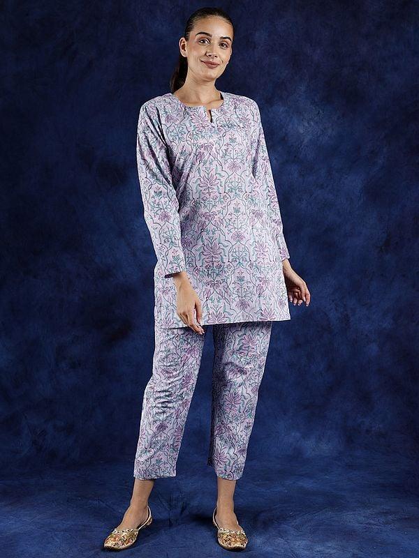 exotic india Orchid-Petel Pure Cotton Co-Ord Set with Block Printed Birds and Leaves 