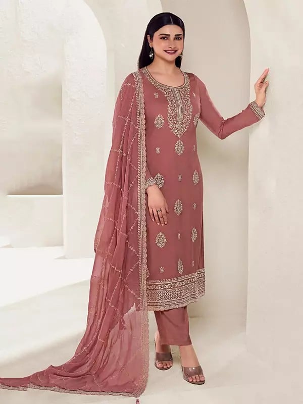 exotic india Organza Elegant Sequins And Embroidery Work Salwar Suit With Matching Dupatta 