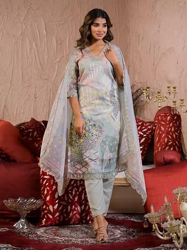 Exotic India Organza Floral Print V-Neck Fancy Kurta Set With Embroidery Work Dupatta