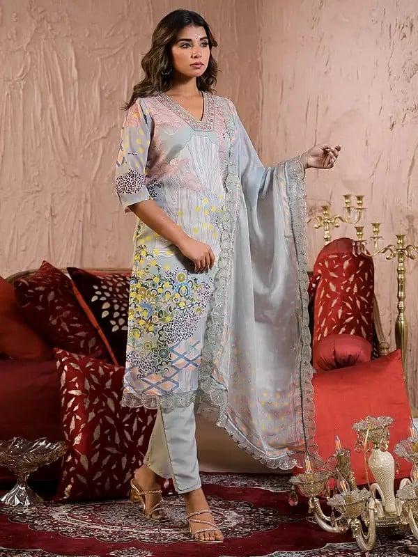 Exotic India Organza Floral Print V-Neck Fancy Kurta Set With Embroidery Work Dupatta