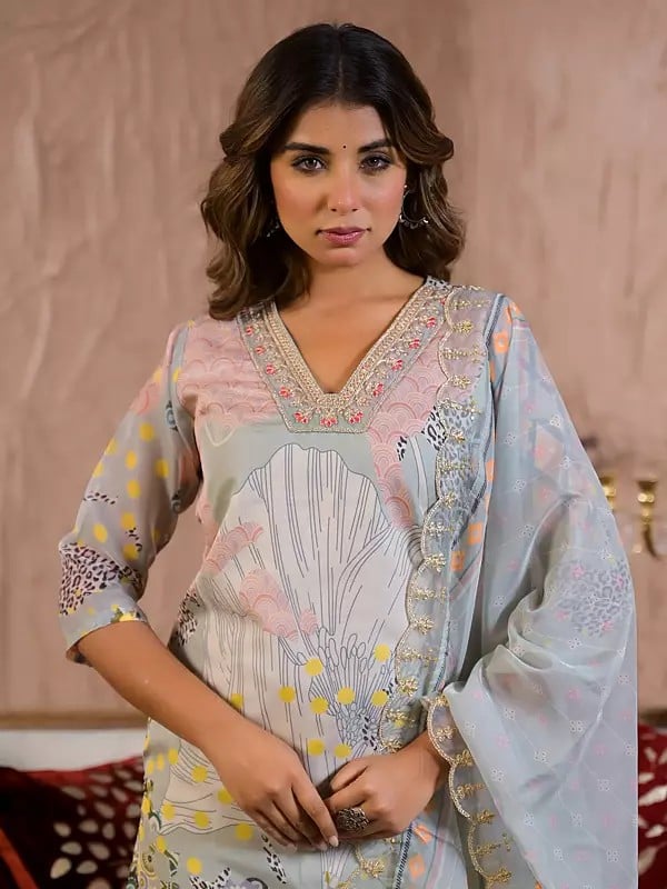 Exotic India Organza Floral Print V-Neck Fancy Kurta Set With Embroidery Work Dupatta
