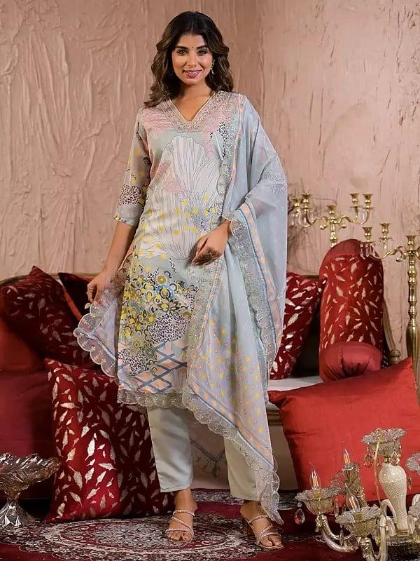 exotic india Organza Floral Print V-Neck Fancy Kurta Set With Embroidery Work Dupatta 