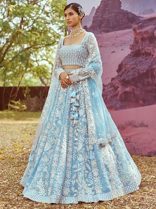 Exotic India Organza Sequins And Floral Embroidery Work Lehenga Choli With Floral Net Matching Dupatta 