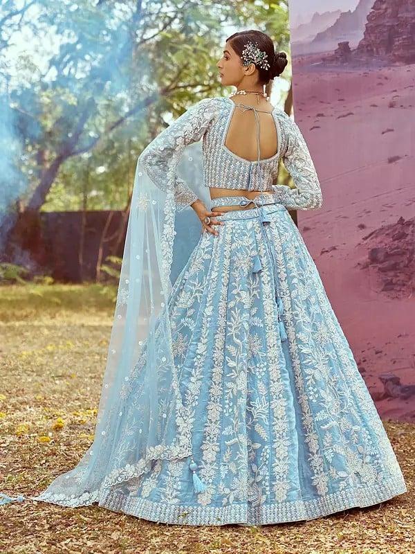 Exotic India Organza Sequins And Floral Embroidery Work Lehenga Choli With Floral Net Matching Dupatta 