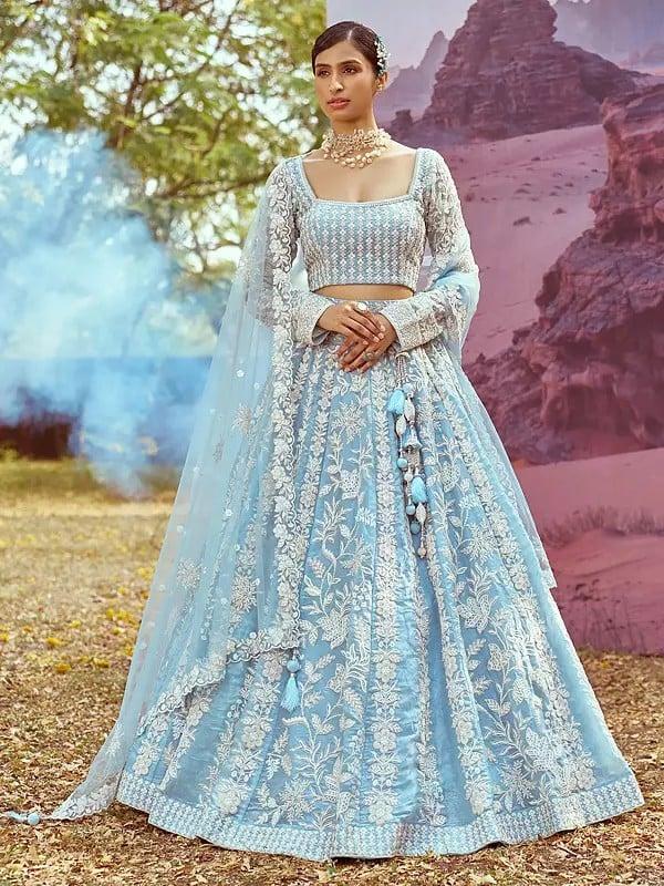 exotic india Organza Sequins And Floral Embroidery Work Lehenga Choli With Floral Net Matching Dupatta 
