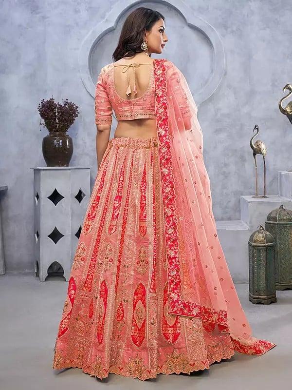 Exotic India Organza Silk Sequins-Embroidery And Stone Work Fancy Wedding Wear Lehenga Choli With Matching Soft Net Floral Border Dupatta 