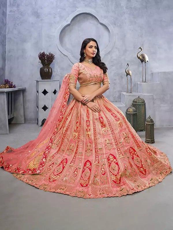 Exotic India Organza Silk Sequins-Embroidery And Stone Work Fancy Wedding Wear Lehenga Choli With Matching Soft Net Floral Border Dupatta 