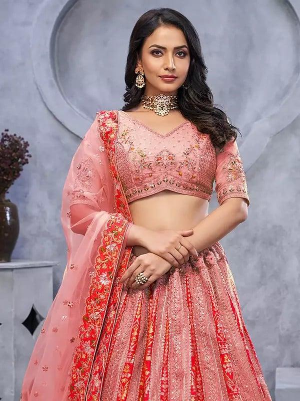 Exotic India Organza Silk Sequins-Embroidery And Stone Work Fancy Wedding Wear Lehenga Choli With Matching Soft Net Floral Border Dupatta 
