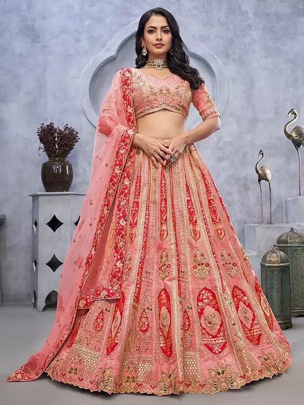 exotic india Organza Silk Sequins-Embroidery And Stone Work Fancy Wedding Wear Lehenga Choli With Matching Soft Net Floral Border Dupatta 