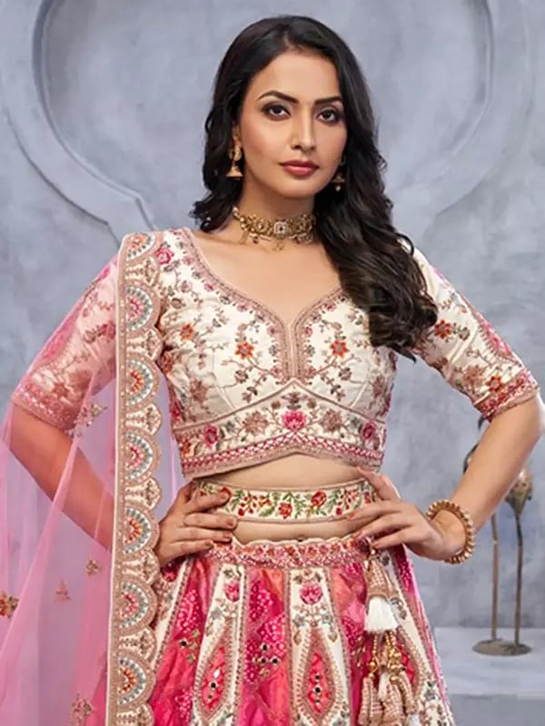 Exotic India Organza Silk Temple And Peacock Motifs Bandhej Jacquard Patches Lehenga Choli With Soft Net Dupatta