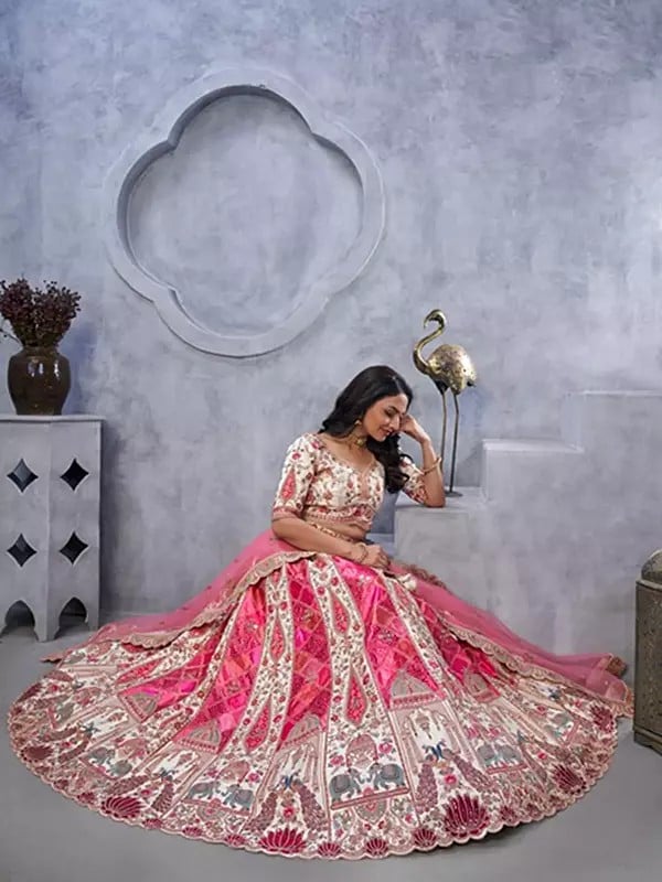 Exotic India Organza Silk Temple And Peacock Motifs Bandhej Jacquard Patches Lehenga Choli With Soft Net Dupatta