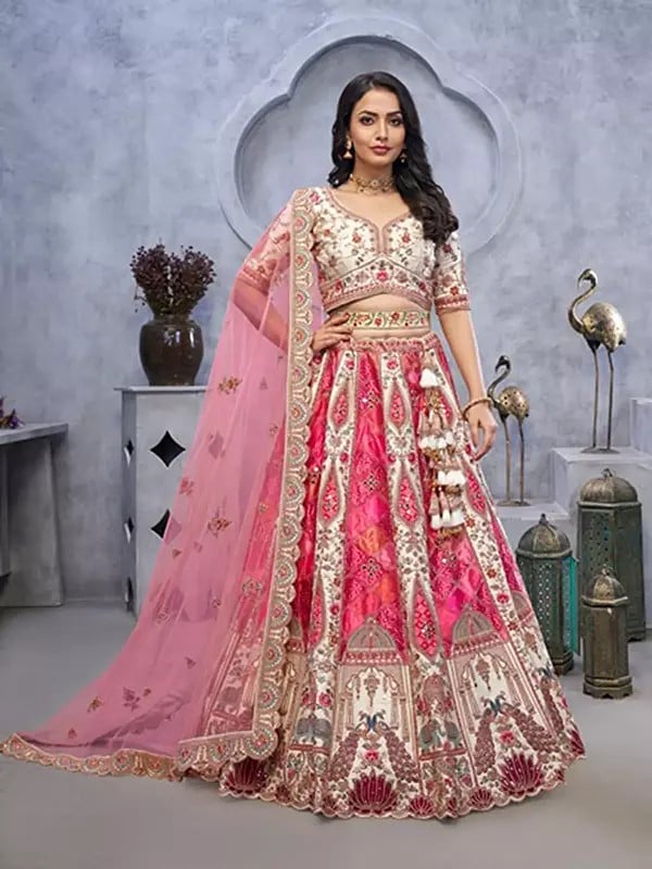 exotic india Organza Silk Temple And Peacock Motifs Bandhej Jacquard Patches Lehenga Choli With Soft Net Dupatta 