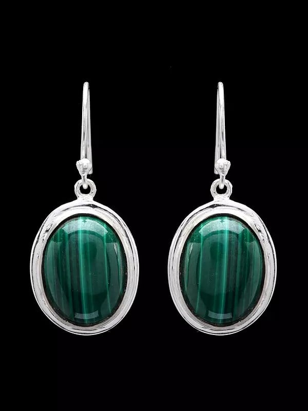 Exotic India Oval Cut Malachite Gemstone Hook Earrings 