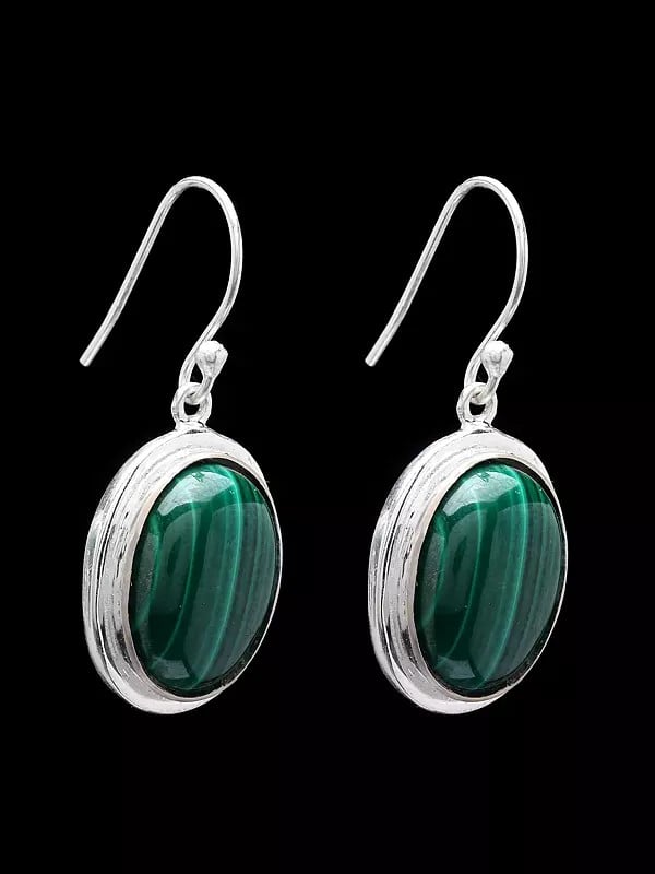 Exotic India Oval Cut Malachite Gemstone Hook Earrings 