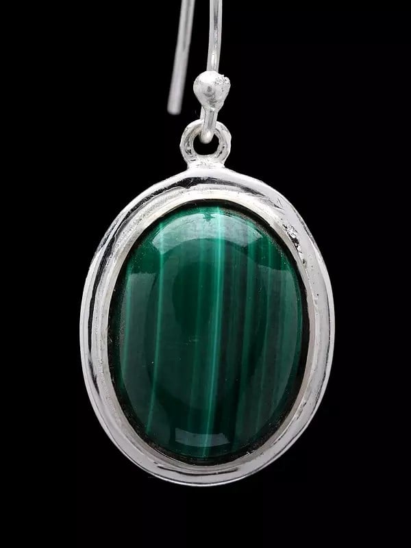 Exotic India Oval Cut Malachite Gemstone Hook Earrings 