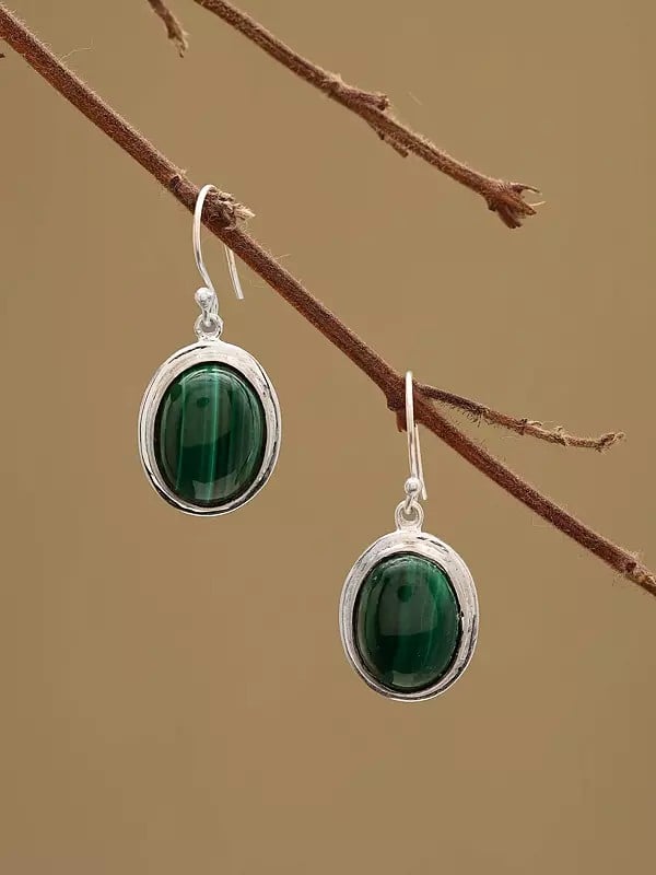 exotic india Oval Cut Malachite Gemstone Hook Earrings 