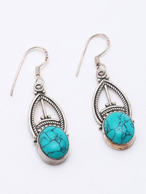 Exotic India Oval Cut Tibetan Turquoise Hook Earrings 