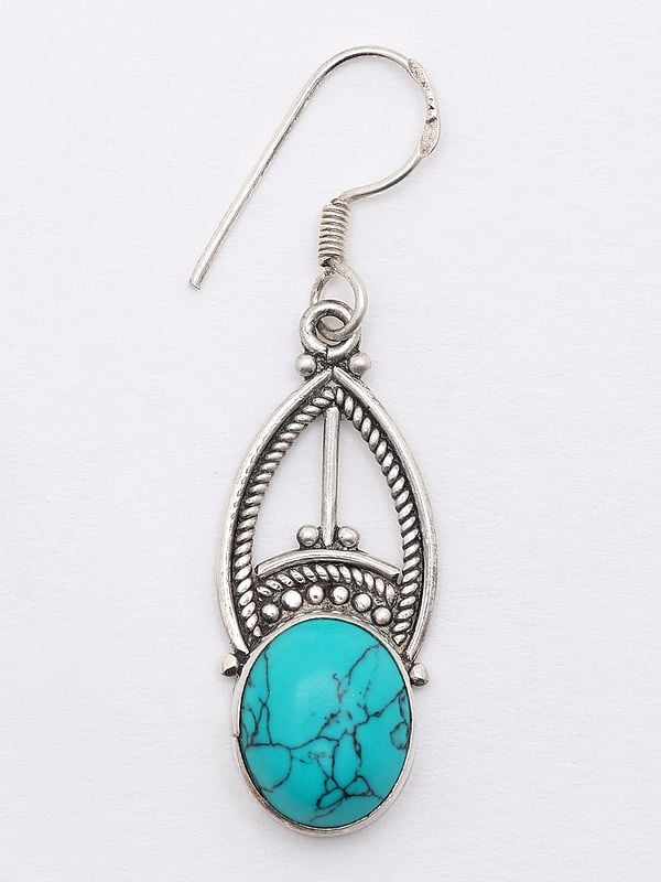 Exotic India Oval Cut Tibetan Turquoise Hook Earrings 