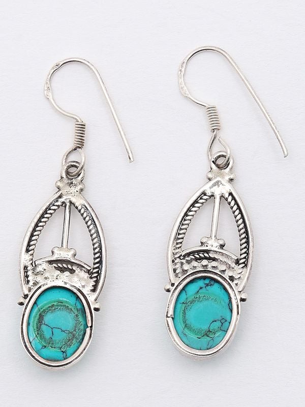 Exotic India Oval Cut Tibetan Turquoise Hook Earrings 