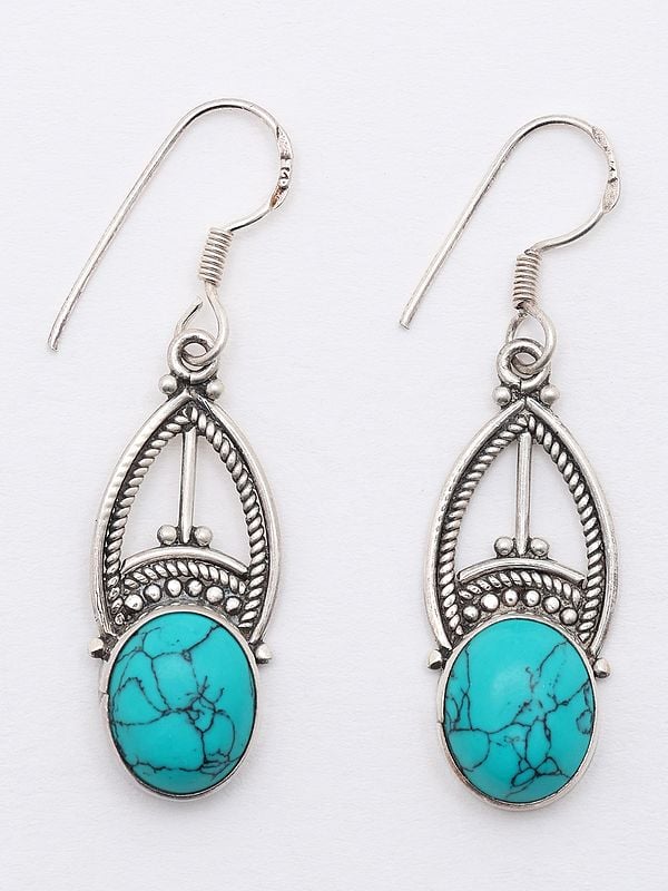 exotic india Oval Cut Tibetan Turquoise Hook Earrings