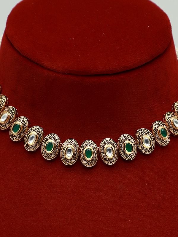 Exotic India Oval Shape Brass Necklace Set With Kundan Studded Earrings