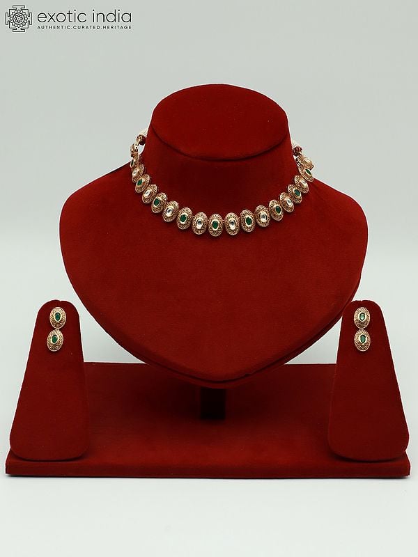 exotic india Oval Shape Brass Necklace Set With Kundan Studded Earrings