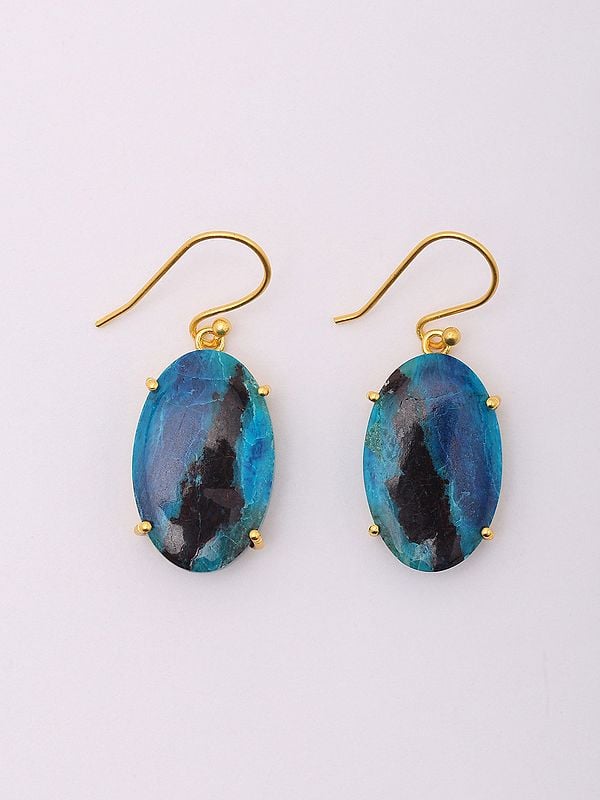 Exotic India Oval Shape Chrysocolla Gemstone Hook Earrings 