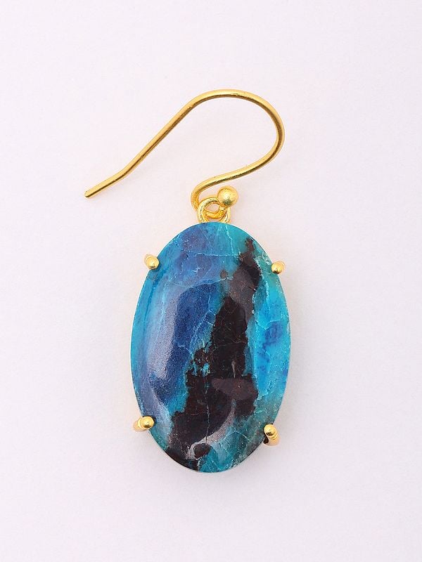 Exotic India Oval Shape Chrysocolla Gemstone Hook Earrings 