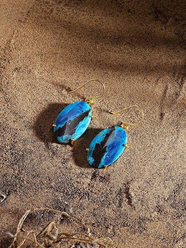 Exotic India Oval Shape Chrysocolla Gemstone Hook Earrings 