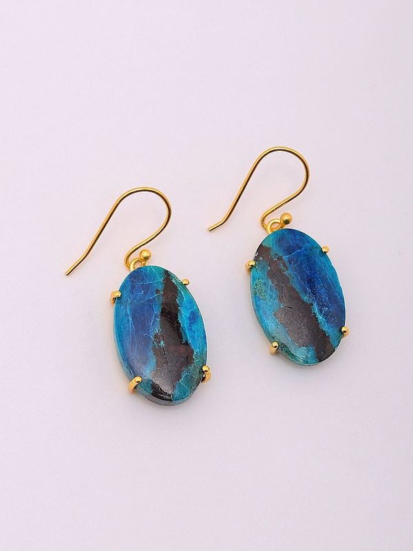 exotic india Oval Shape Chrysocolla Gemstone Hook Earrings 
