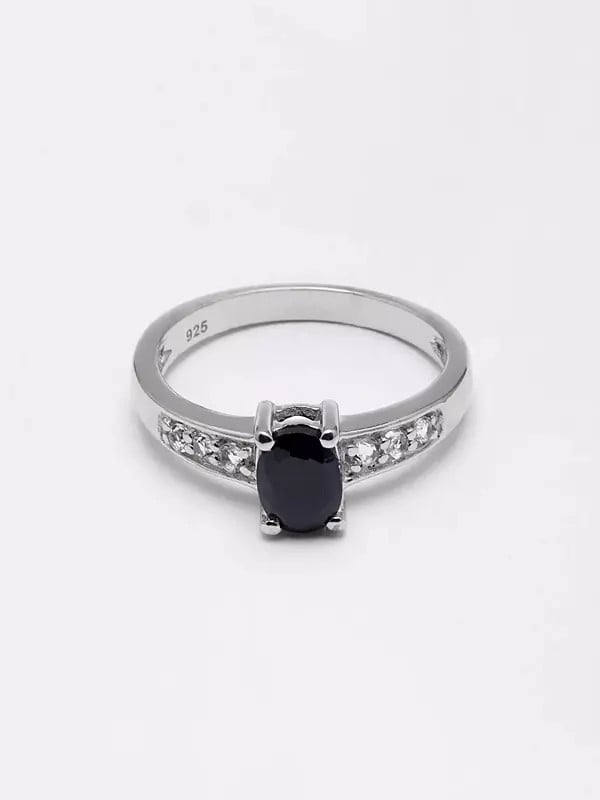 Exotic India Oval Shape Faceted Black Onyx Ring With Cubic Zirconia 