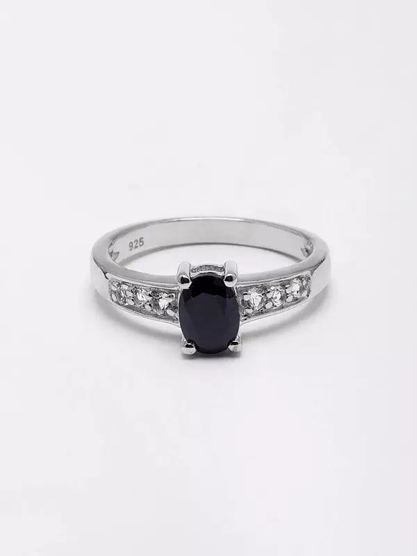 Exotic India Oval Shape Faceted Black Onyx Ring With Cubic Zirconia 