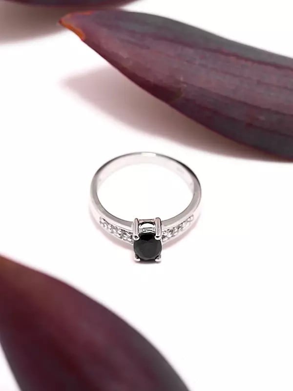 Exotic India Oval Shape Faceted Black Onyx Ring With Cubic Zirconia 