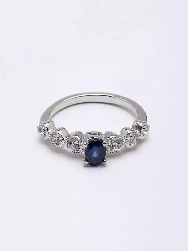 Exotic India Oval Shape Faceted Blue Sapphire Ring With Cubic Zirconia 