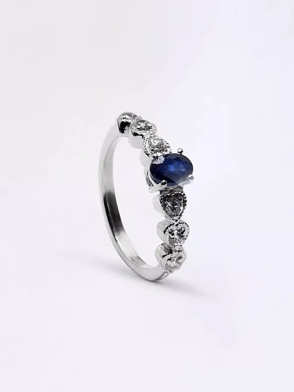 Exotic India Oval Shape Faceted Blue Sapphire Ring With Cubic Zirconia 