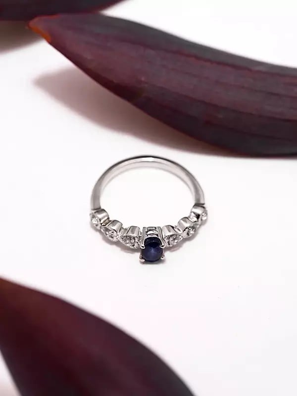 Exotic India Oval Shape Faceted Blue Sapphire Ring With Cubic Zirconia 