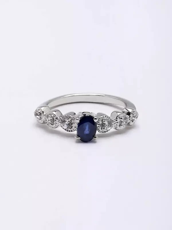 exotic india Oval Shape Faceted Blue Sapphire Ring with Cubic Zirconia 