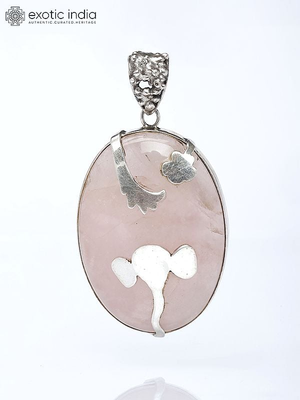 Exotic India Oval Shape Rose Quartz Pendant With Silver Ganesha 