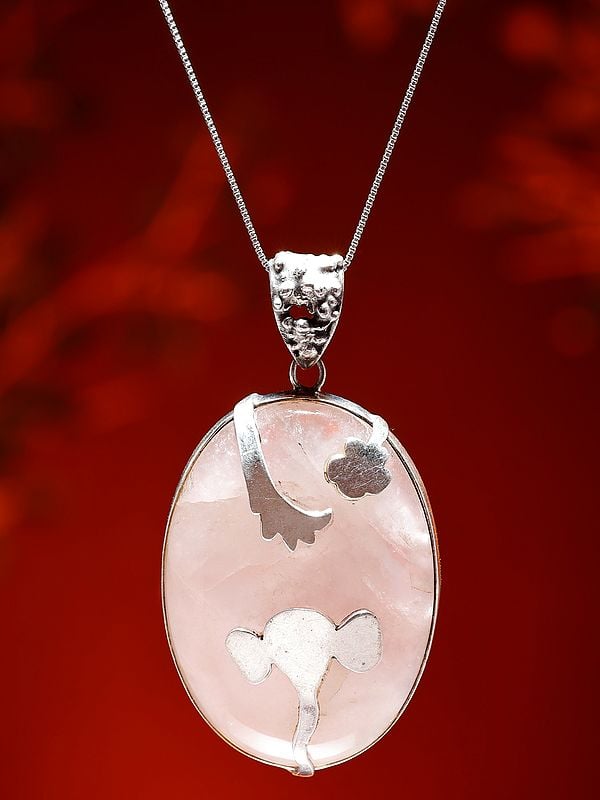 Exotic India Oval Shape Rose Quartz Pendant With Silver Ganesha 
