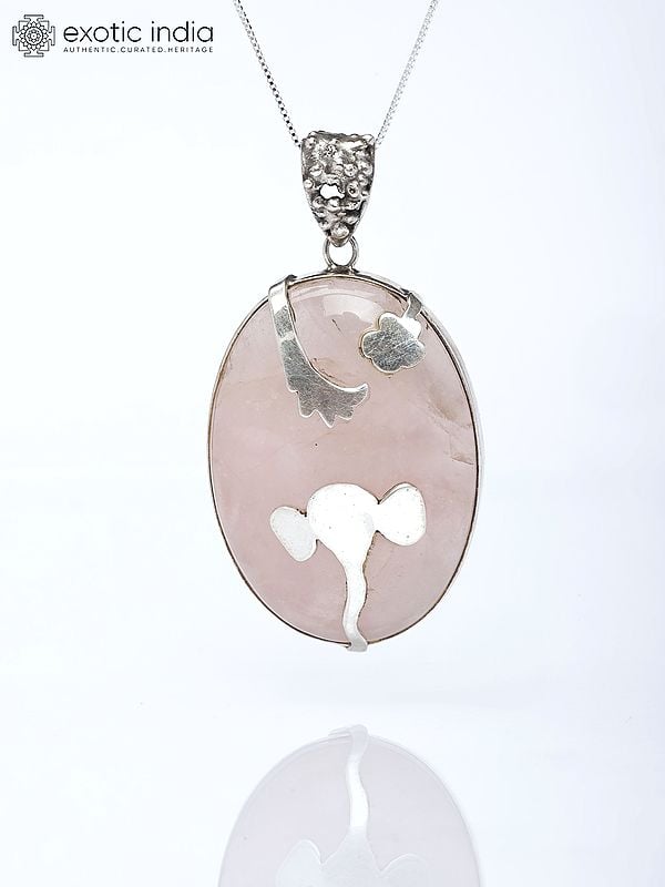 exotic india Oval Shape Rose Quartz Pendant with Silver Ganesha 