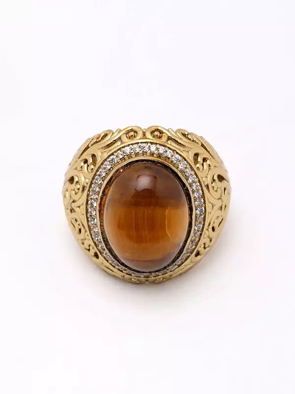 Exotic India Oval Shape Tiger Eye Ring With Scrollwork Patterns 