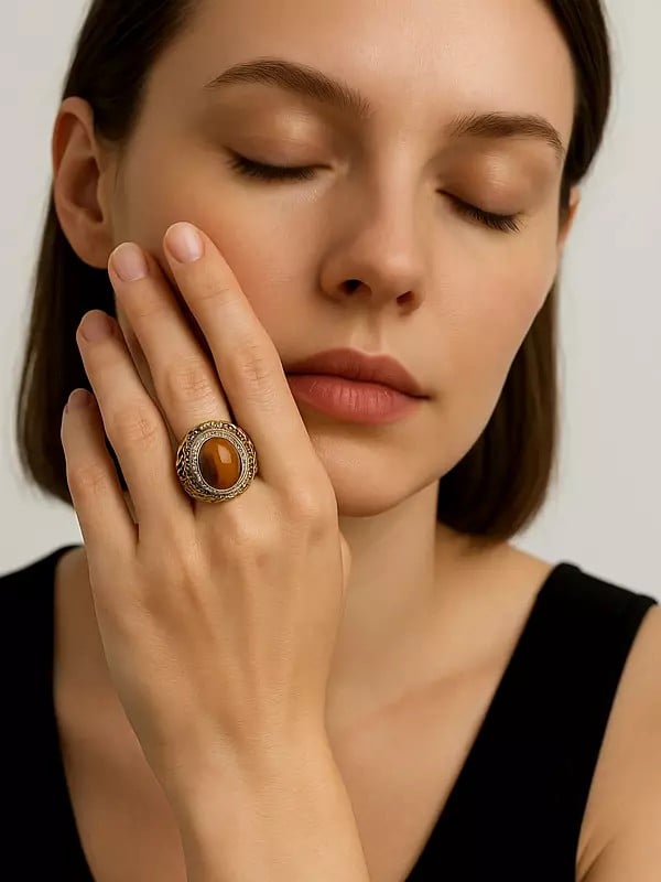 exotic india Oval Shape Tiger Eye Ring with Scrollwork Patterns 
