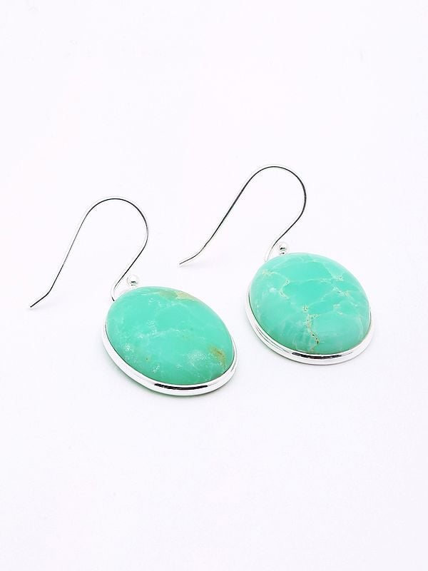 Exotic India Oval Shaped Chrysoprase Gemstone Hook Earrings
