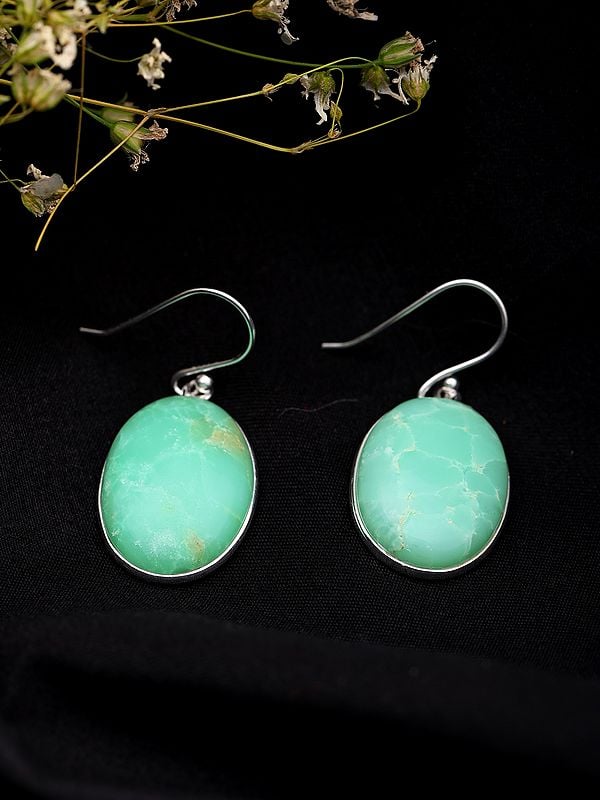 Exotic India Oval Shaped Chrysoprase Gemstone Hook Earrings