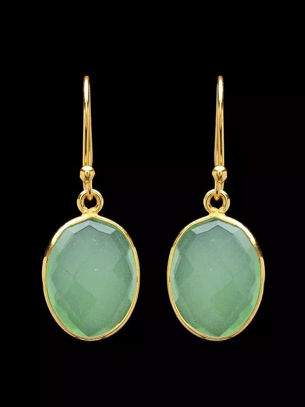 Exotic India Oval Shaped Faceted Prehnite Chalcedony Earrings 