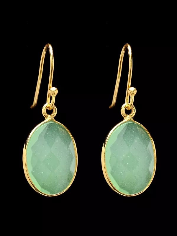 Exotic India Oval Shaped Faceted Prehnite Chalcedony Earrings 