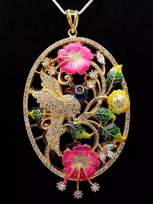 Exotic India Oval Shaped Floral Design Pendant And Earrings Set 