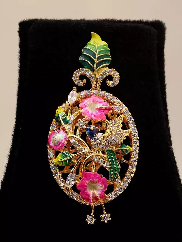 Exotic India Oval Shaped Floral Design Pendant And Earrings Set 